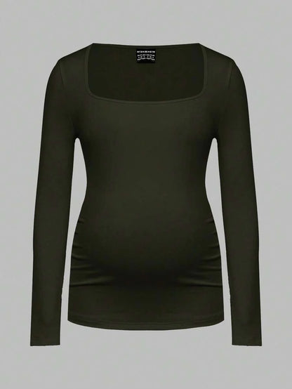 Maternity Ruched Square Neck Long Sleeve T-Shirt - Slim Fit High Stretch Knitted Pregnancy Top - Versatile Plain Daily Maternity Tee