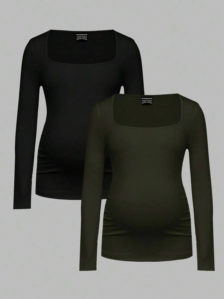 Maternity Ruched Square Neck Long Sleeve T-Shirt - Slim Fit High Stretch Knitted Pregnancy Top - Versatile Plain Daily Maternity Tee