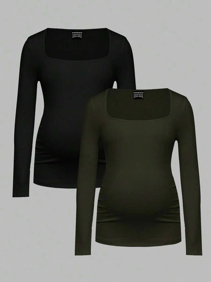 Maternity Ruched Square Neck Long Sleeve T-Shirt - Slim Fit High Stretch Knitted Pregnancy Top - Versatile Plain Daily Maternity Tee