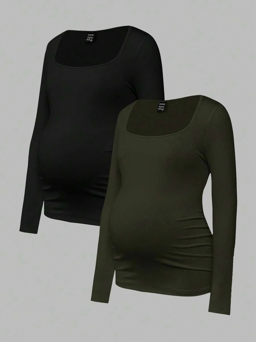 Maternity Ruched Square Neck Long Sleeve T-Shirt - Slim Fit High Stretch Knitted Pregnancy Top - Versatile Plain Daily Maternity Tee