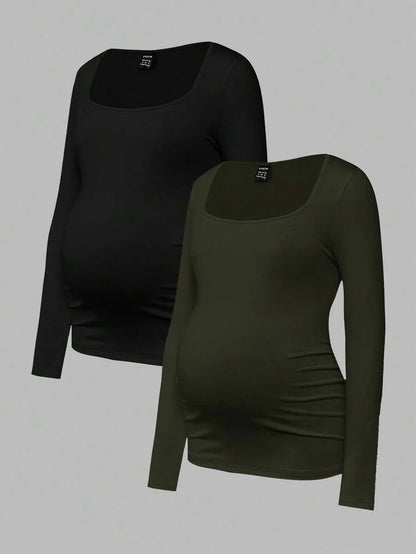Maternity Ruched Square Neck Long Sleeve T-Shirt - Slim Fit High Stretch Knitted Pregnancy Top - Versatile Plain Daily Maternity Tee