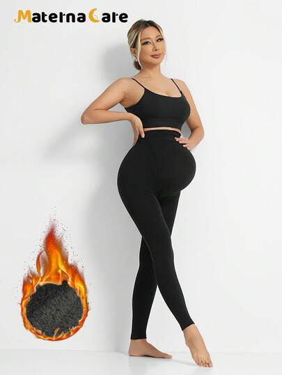 Maternity Thermal Lined 3/4 Tights - Belly Support Tummy Lift Skinny Leggings Warm, Cold Weather