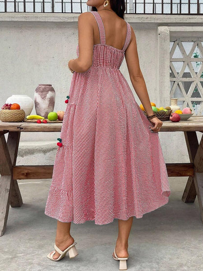 Maternity Cherry Decor Plaid Ruffle Hem Camisole Dress Picnic Dress For Woman Summer Maternity Dress Cherry Dress Women Midi Summer Dress Casual Sundress