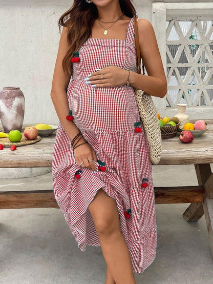 Maternity Cherry Decor Plaid Ruffle Hem Camisole Dress Picnic Dress For Woman Summer Maternity Dress Cherry Dress Women Midi Summer Dress Casual Sundress
