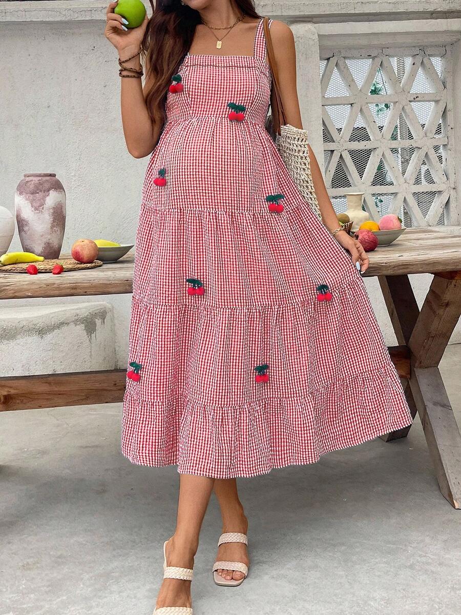 Maternity Cherry Decor Plaid Ruffle Hem Camisole Dress Picnic Dress For Woman Summer Maternity Dress Cherry Dress Women Midi Summer Dress Casual Sundress