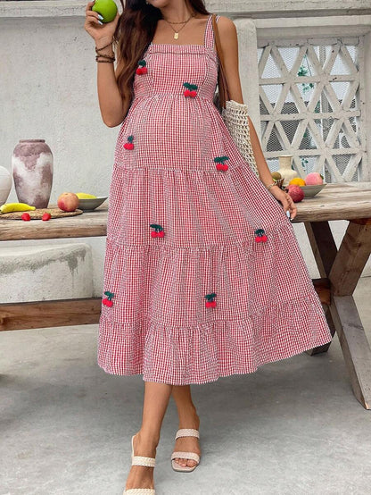 Maternity Cherry Decor Plaid Ruffle Hem Camisole Dress Picnic Dress For Woman Summer Maternity Dress Cherry Dress Women Midi Summer Dress Casual Sundress