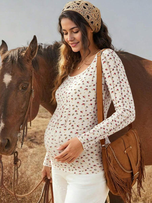 Apricot Ditsy Floral Maternity Long Sleeve Top - Slim Fit Scoop Neck Knitted Fall T-Shirt - Boho Maternity Loungewear