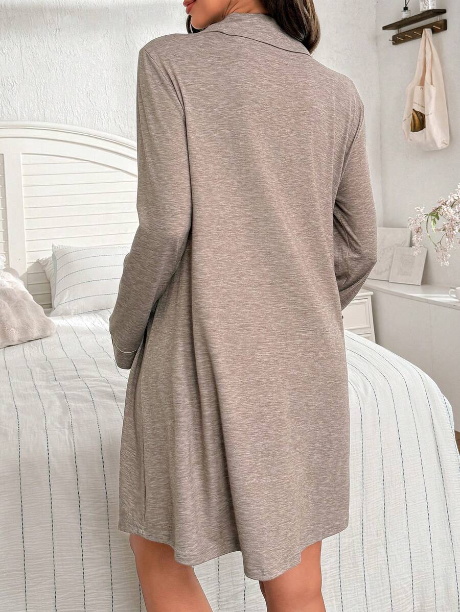 Khaki Christmas Embroidered Maternity Nightgown - Long Sleeve Button Front Knit Loungewear Dress - Casual Loose Turndown Collar Long Pajama Dress