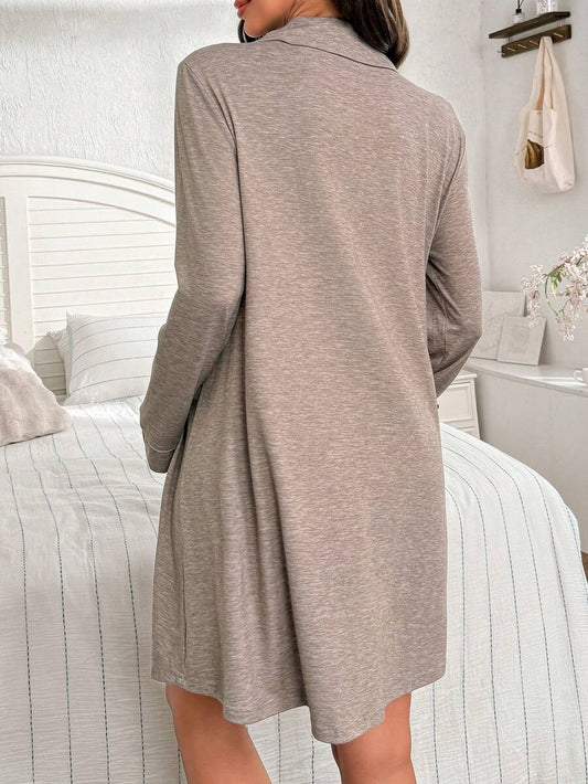 Khaki Christmas Embroidered Maternity Nightgown - Long Sleeve Button Front Knit Loungewear Dress - Casual Loose Turndown Collar Long Pajama Dress