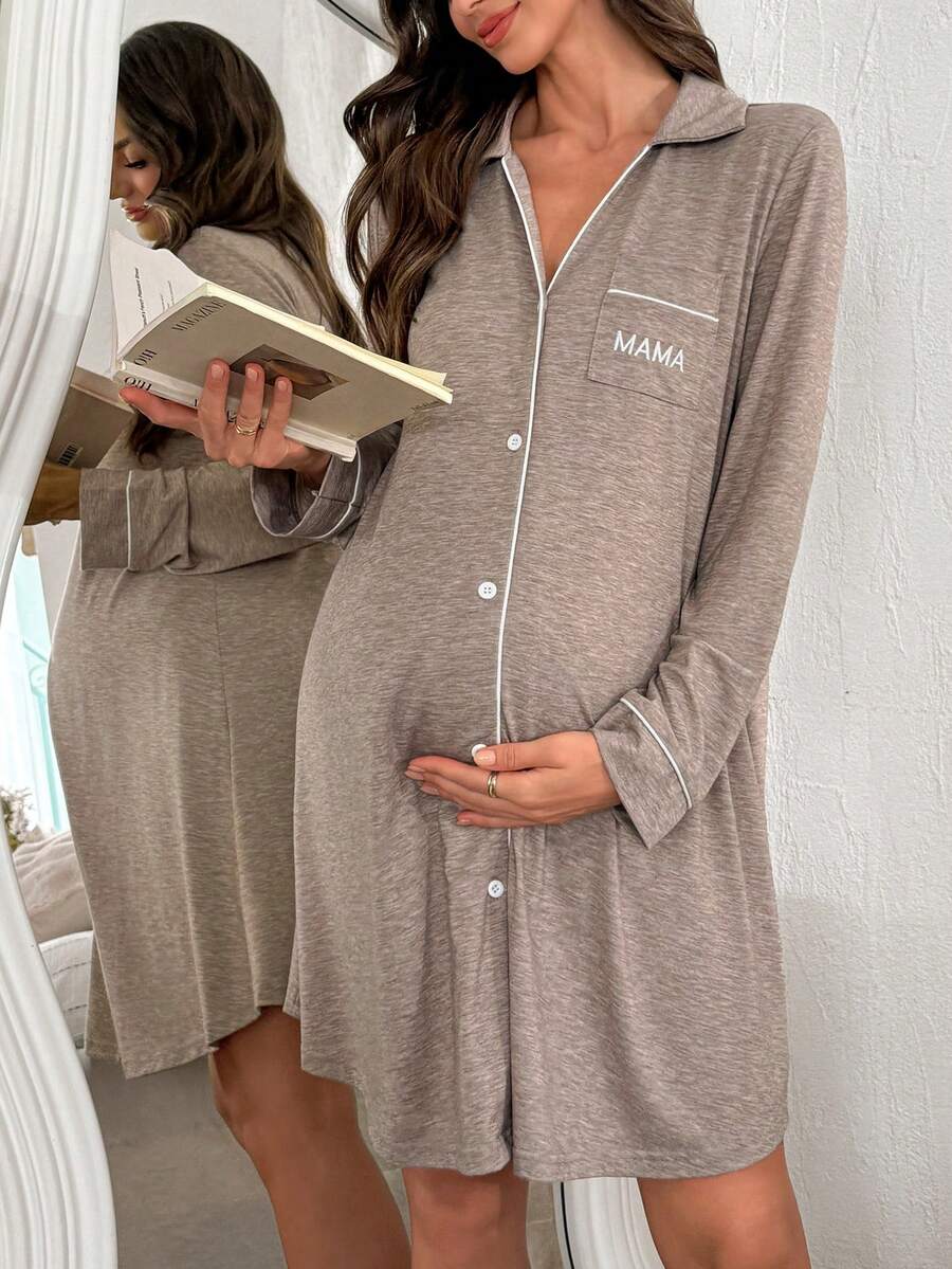 Maternity Knit Long Sleeve Dress - Casual Loose Turndown Collar Pocket Embroidered, Pregnancy