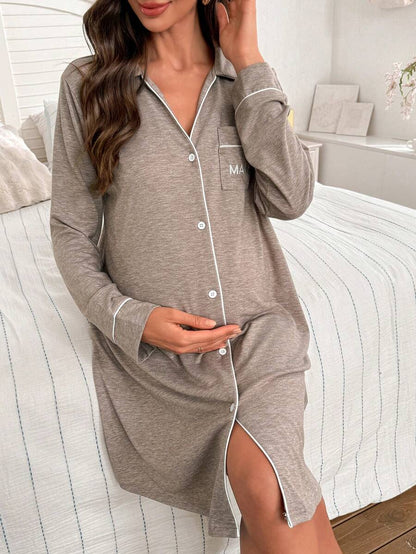 Khaki Christmas Embroidered Maternity Nightgown - Long Sleeve Button Front Knit Loungewear Dress - Casual Loose Turndown Collar Long Pajama Dress