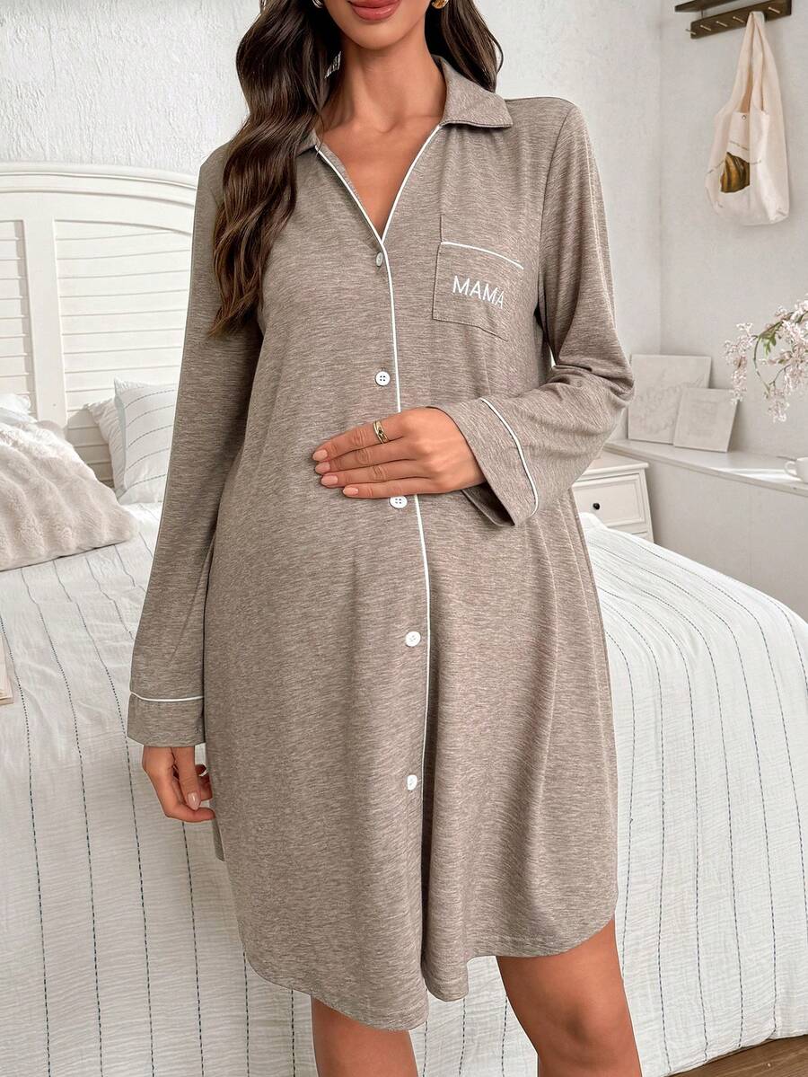 Maternity Knit Long Sleeve Dress - Casual Loose Turndown Collar Pocket Embroidered, Pregnancy