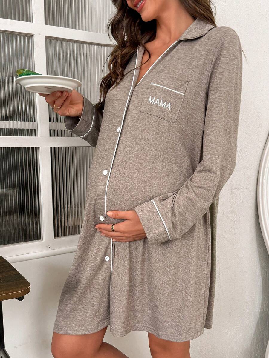 Maternity Knit Long Sleeve Dress - Casual Loose Turndown Collar Pocket Embroidered, Pregnancy