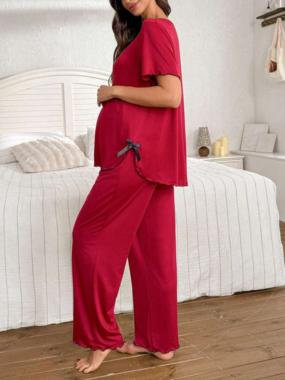 Black Milk Silk Maternity Pajama Set - Romantic Short Sleeve Top and Long Pants Sleepwear - 2 Piece Comfortable Bow Detail Loungewear
