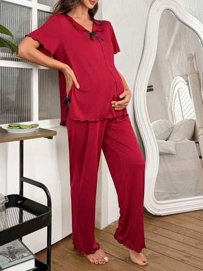 Black Milk Silk Maternity Pajama Set - Romantic Short Sleeve Top and Long Pants Sleepwear - 2 Piece Comfortable Bow Detail Loungewear