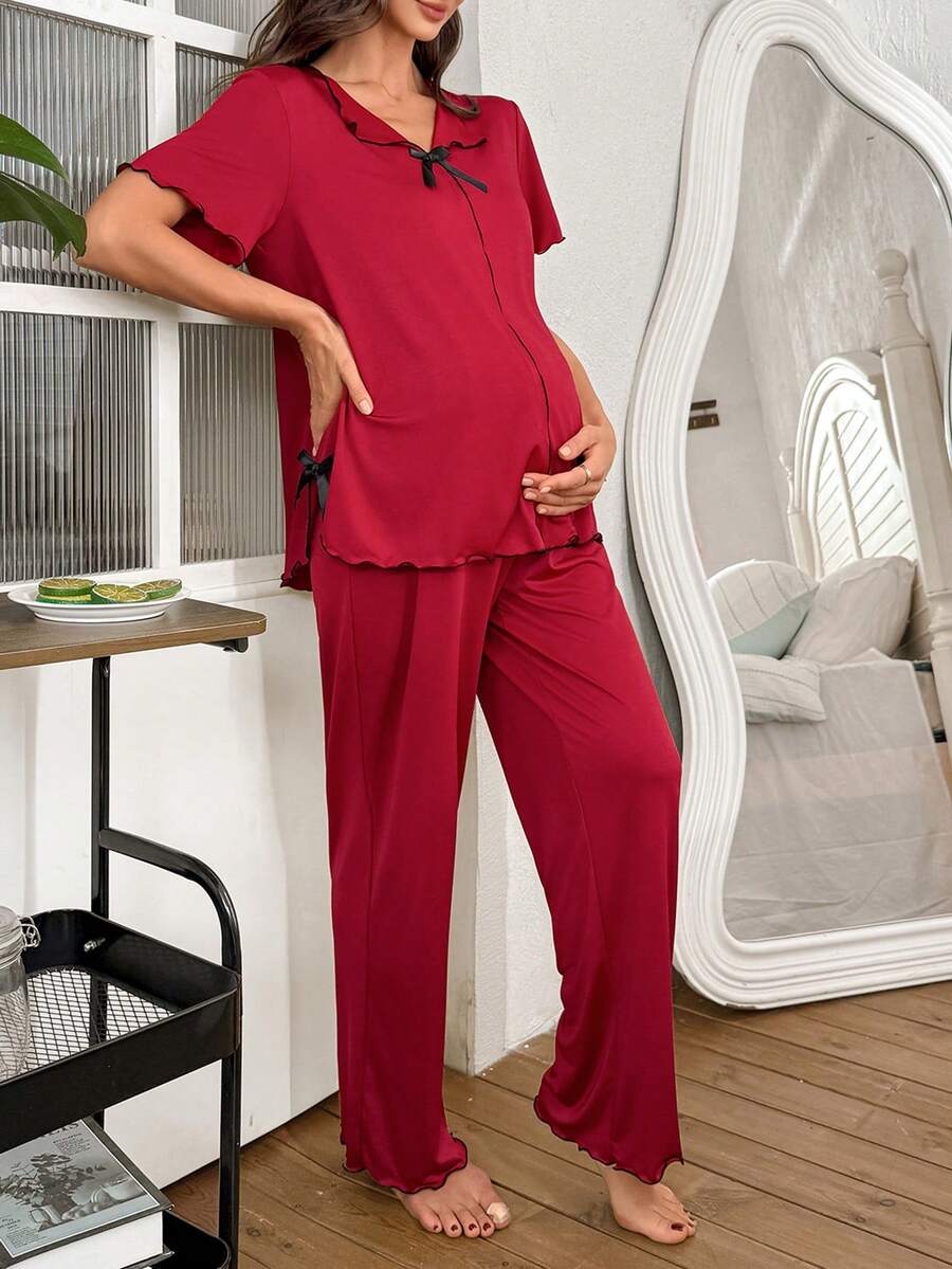 Maternity Pajama Set - Romantic Solid Color Milk Silk Bow Design Nursing Sleepwear, Pregnancy