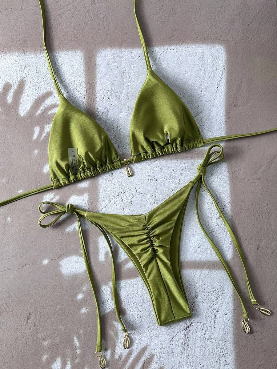Swim Chiccia Women Spring Break Summer Beach Solid Color Halter Tie Sexy Bikini Swimsuit Set