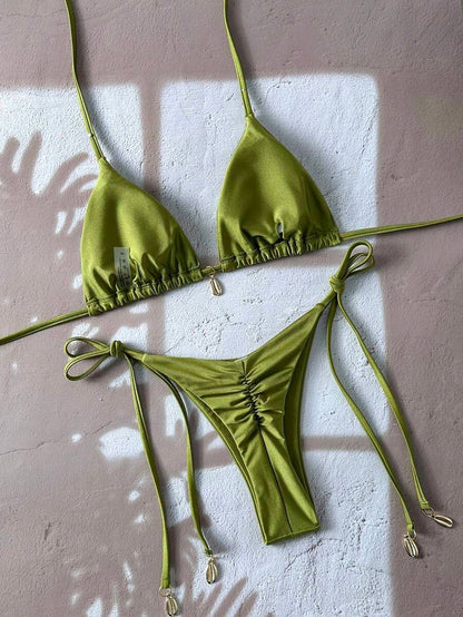 Swim Chiccia Women Spring Break Summer Beach Solid Color Halter Tie Sexy Bikini Swimsuit Set