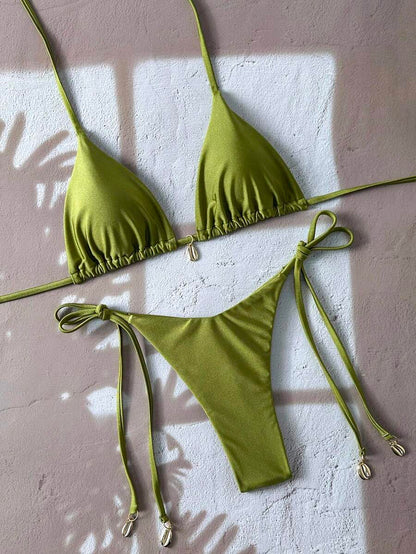 Swim Chiccia Women Spring Break Summer Beach Solid Color Halter Tie Sexy Bikini Swimsuit Set