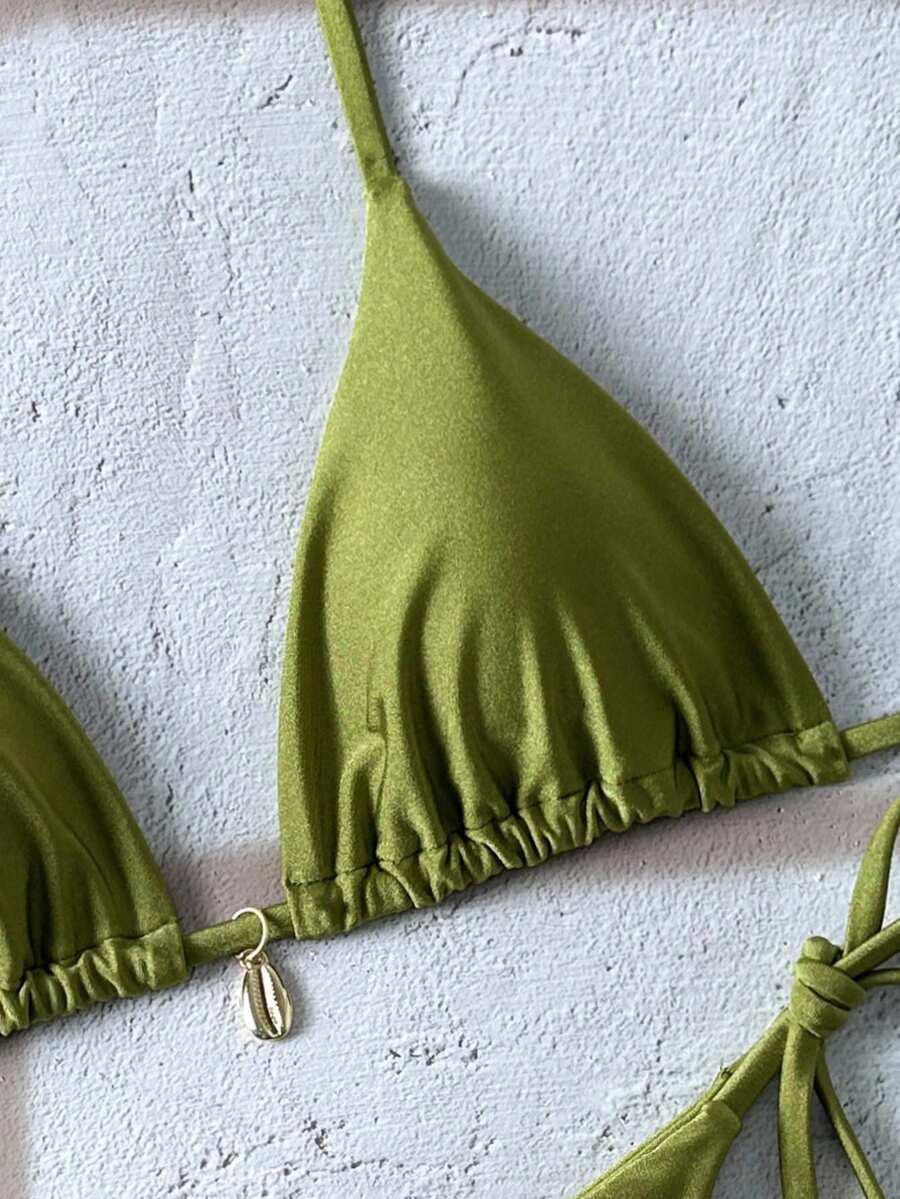Swim Chiccia Women Spring Break Summer Beach Solid Color Halter Tie Sexy Bikini Swimsuit Set