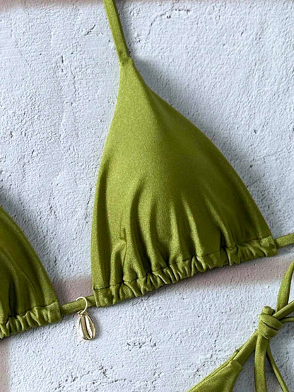 Swim Chiccia Women Spring Break Summer Beach Solid Color Halter Tie Sexy Bikini Swimsuit Set