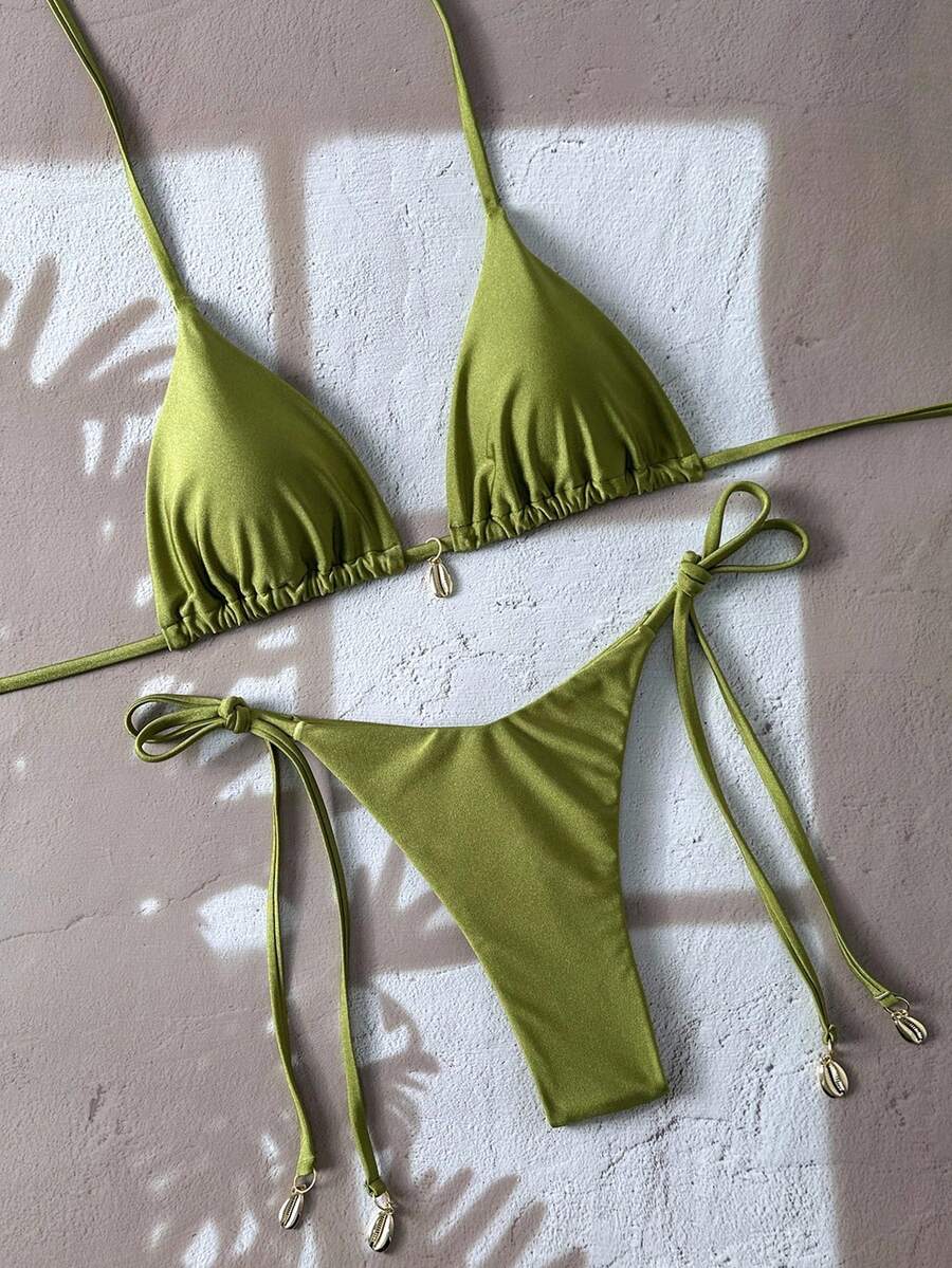 Swim Chiccia Women Spring Break Summer Beach Solid Color Halter Tie Sexy Bikini Swimsuit Set