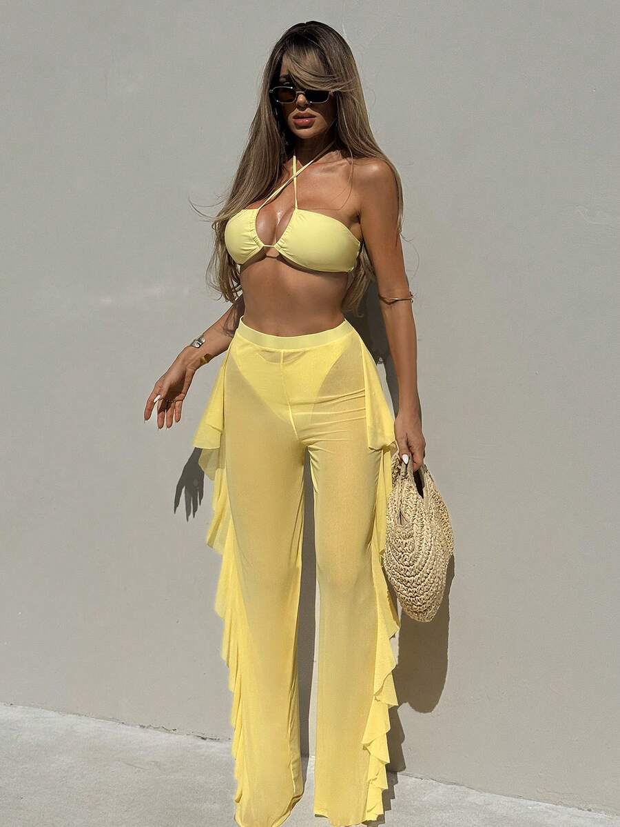 Swim Vcay 3pcs Set New Navy Blue Spring/Summer Halter Backless Crop Top, Trousers And Ruffle Hem Mesh Beach Pants Casual Vacation Bikini Swimwear For Women
