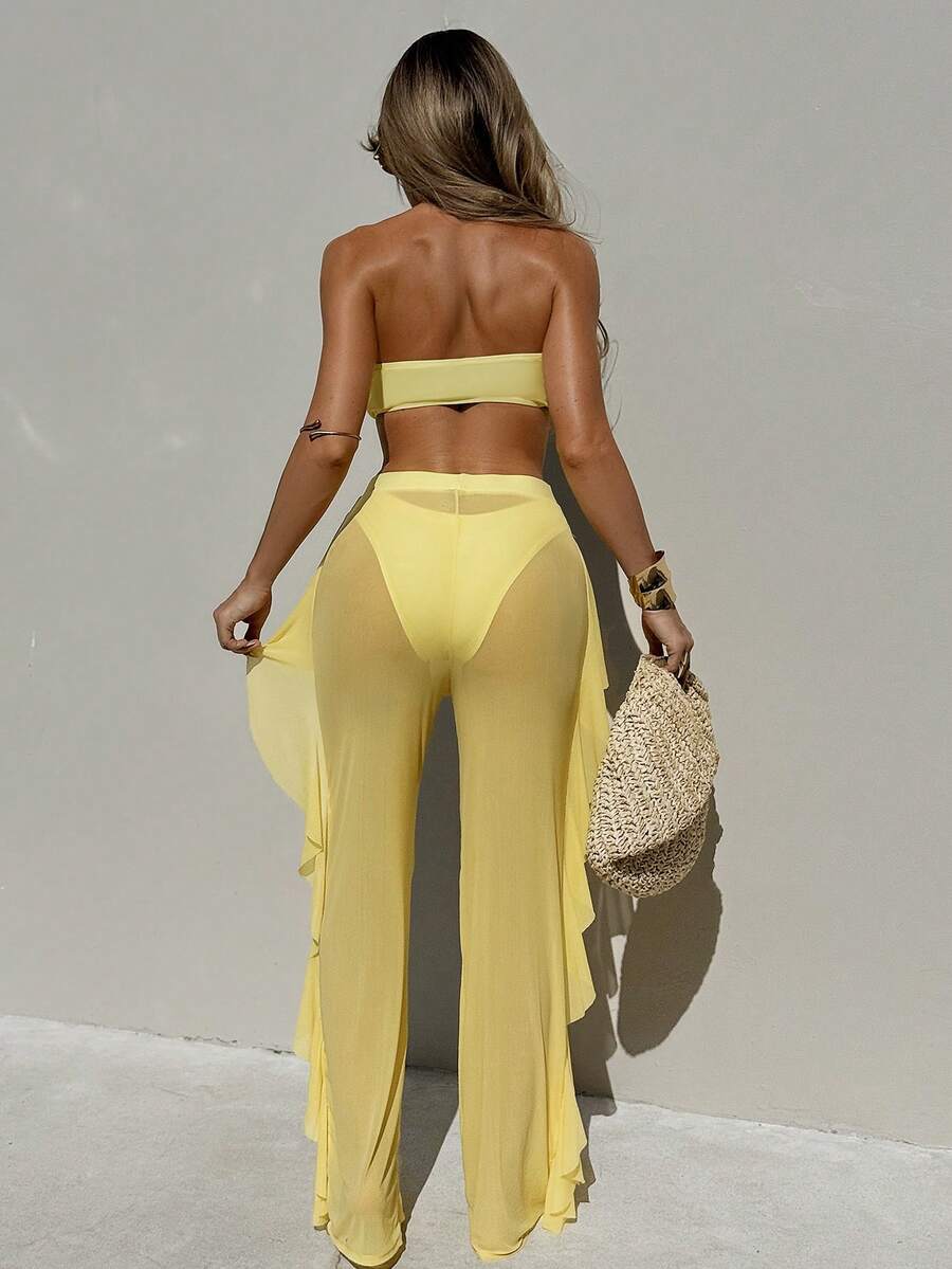 Swim Vcay 3pcs Set New Navy Blue Spring/Summer Halter Backless Crop Top, Trousers And Ruffle Hem Mesh Beach Pants Casual Vacation Bikini Swimwear For Women