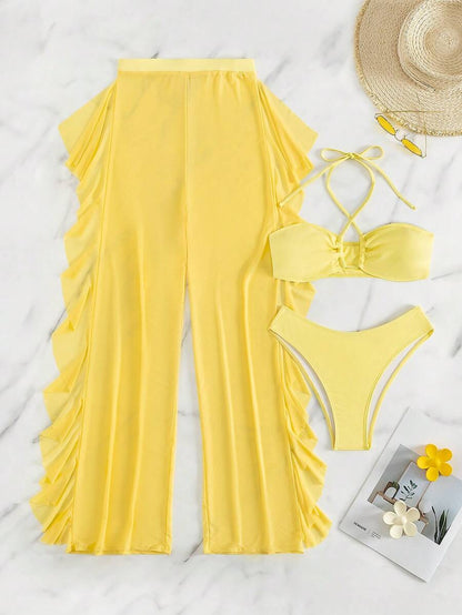 Swim Vcay 3pcs Set New Navy Blue Spring/Summer Halter Backless Crop Top, Trousers And Ruffle Hem Mesh Beach Pants Casual Vacation Bikini Swimwear For Women