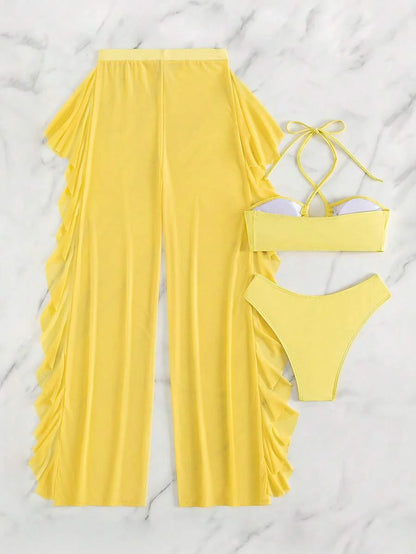 Women's 3-Piece Halter Bikini Set - Criss Cross, High Cut, Cover-Up Pants, White