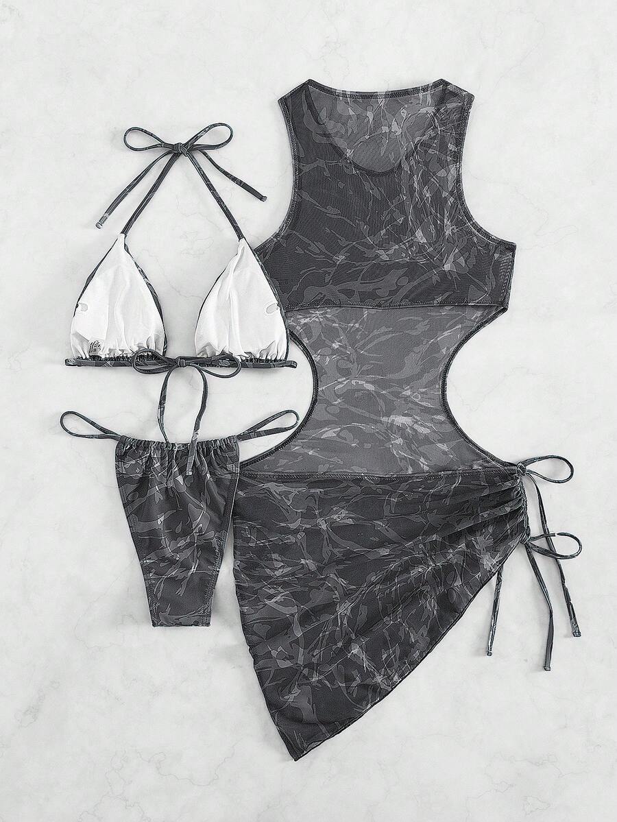 Women's 3-Piece Tie-Dye Bikini Set - Halter, Cover-Up Dress, Thongs, Green