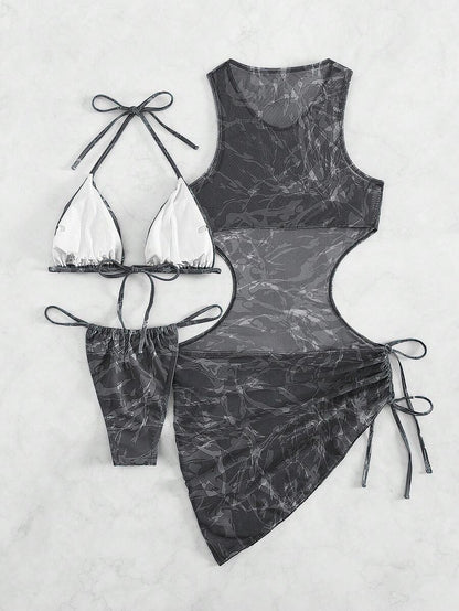 Women's 3-Piece Tie-Dye Bikini Set - Halter, Cover-Up Dress, Thongs, Green