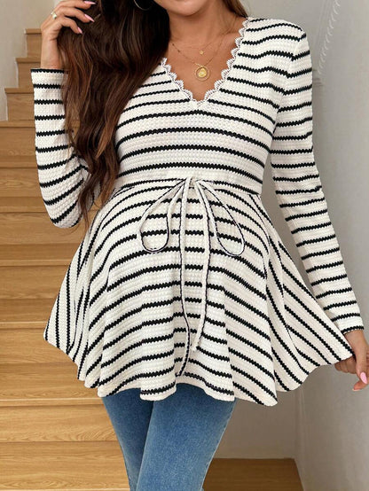 Maternity Khaki Deep V Neck Long Sleeve T-Shirt Loose Fit Belted Flared Hem Knitted Maternity Top for Fall