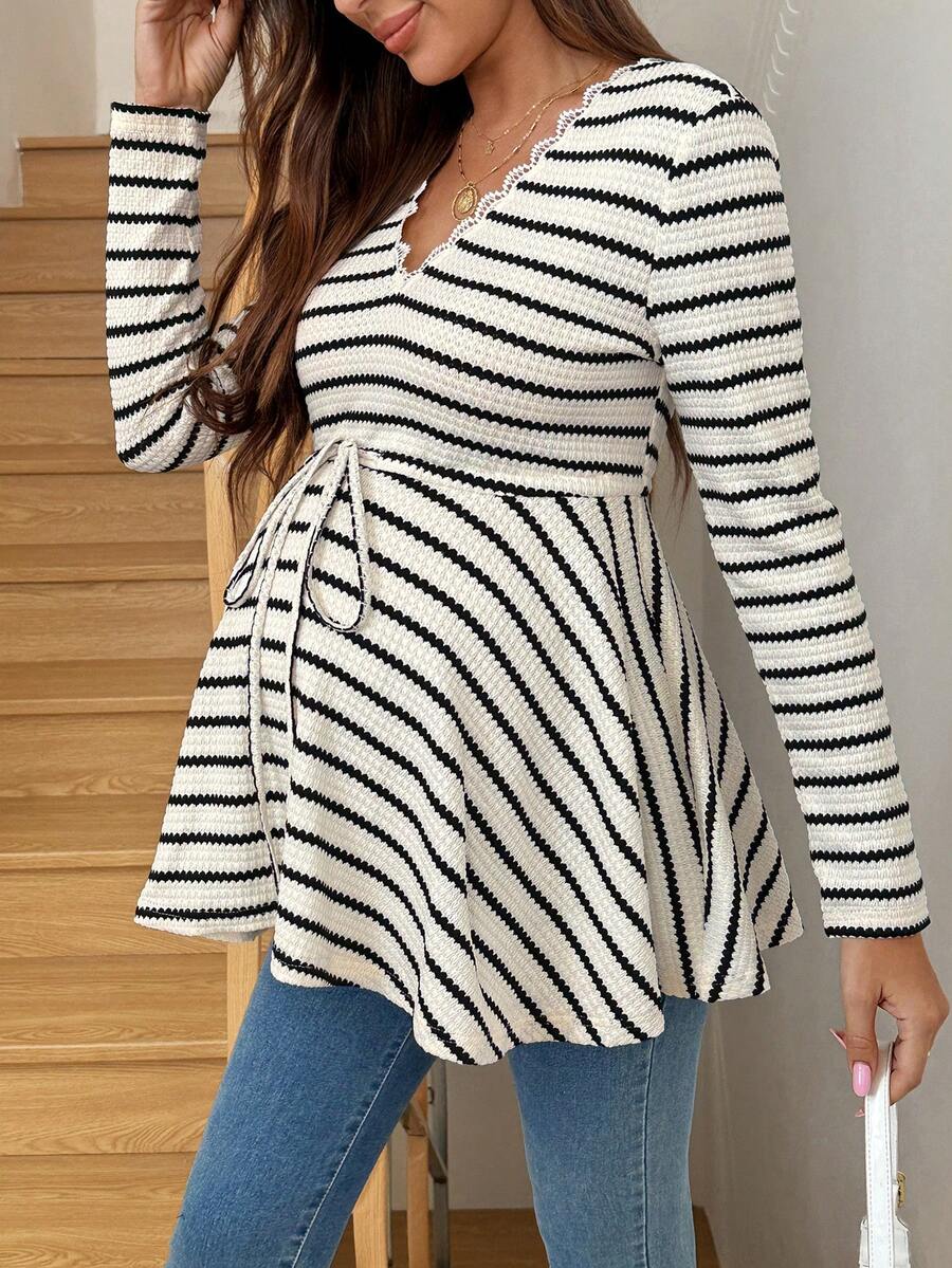 Maternity Khaki Deep V Neck Long Sleeve T-Shirt Loose Fit Belted Flared Hem Knitted Maternity Top for Fall