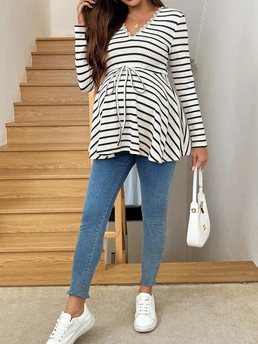 Maternity Khaki Deep V Neck Long Sleeve T-Shirt Loose Fit Belted Flared Hem Knitted Maternity Top for Fall