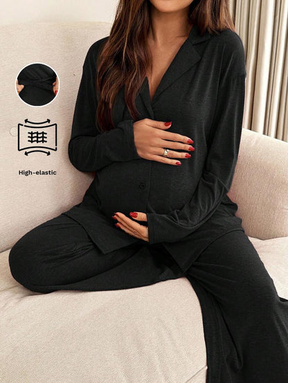 Green Maternity 2-Piece Lounge Set - V-Neck Long Sleeve Top and Pants Pajama Set - Soft Casual Maternity Sleepwear for Spring and Fall
