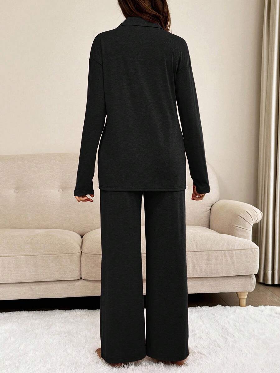 Khaki 2 Piece Maternity Loungewear Set - V-Neck Button Front Long Sleeve Top and Pants - Casual Loose Fit Maternity Sleepwear Suit