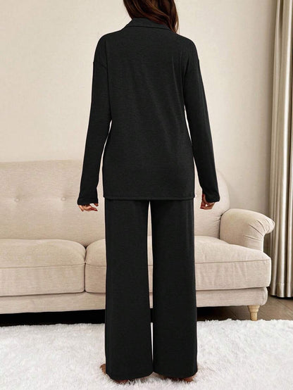 Khaki 2 Piece Maternity Loungewear Set - V-Neck Button Front Long Sleeve Top and Pants - Casual Loose Fit Maternity Sleepwear Suit