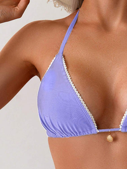 Women's 2-Piece Halter Bikini Set - Wave Ruffle, Metal Pendant, Tie Back, Black