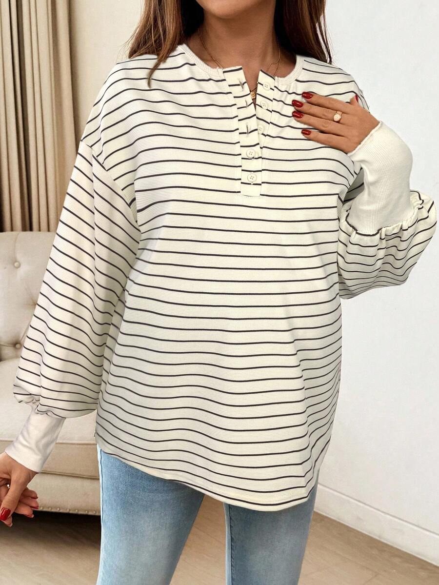 Maternity Striped Long Sleeve T-Shirt Loose Fit Black and White Round Neck Drop Shoulder Knit Top for Casual Styling