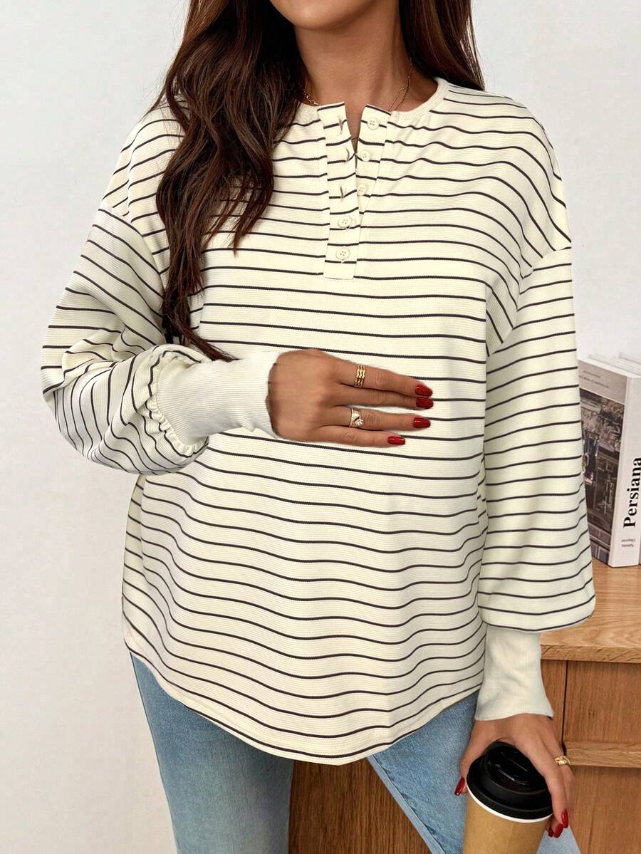 Maternity Striped Long Sleeve T-Shirt Loose Fit Black and White Round Neck Drop Shoulder Knit Top for Casual Styling