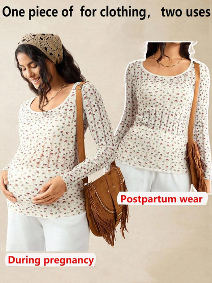 Apricot Ditsy Floral Maternity Long Sleeve Top - Slim Fit Scoop Neck Knitted Fall T-Shirt - Boho Maternity Loungewear