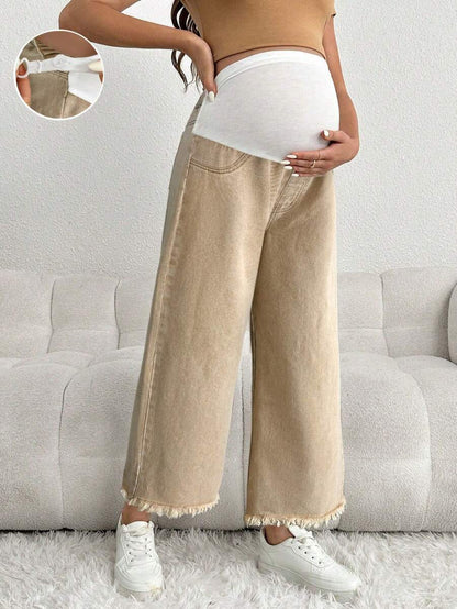 Brown Maternity Casual Loose Cropped Jeans with Elastic Waistband Patchwork and Pockets in 100% Cotton Denim