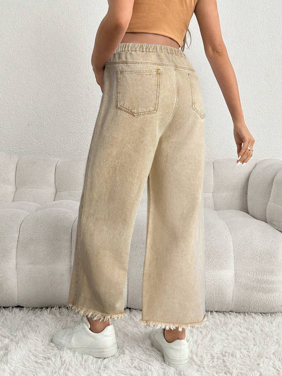 Maternity Denim Pants - Loose Fit, Elastic Waist, Cropped, White