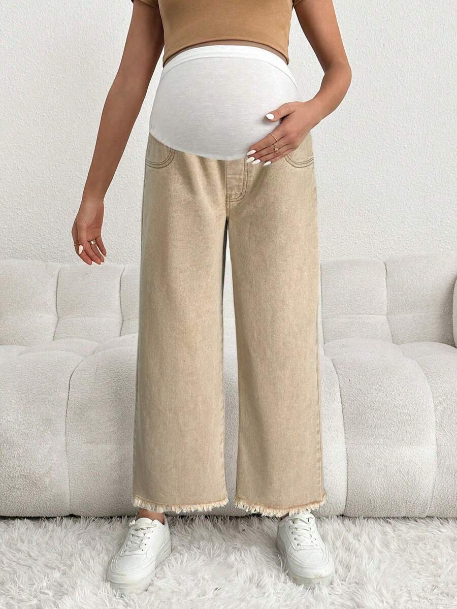 Brown Maternity Casual Loose Cropped Jeans with Elastic Waistband Patchwork and Pockets in 100% Cotton Denim
