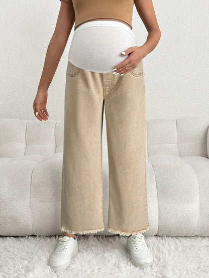 Brown Maternity Casual Loose Cropped Jeans with Elastic Waistband Patchwork and Pockets in 100% Cotton Denim