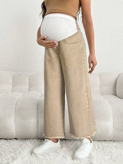 Brown Maternity Casual Loose Cropped Jeans with Elastic Waistband Patchwork and Pockets in 100% Cotton Denim