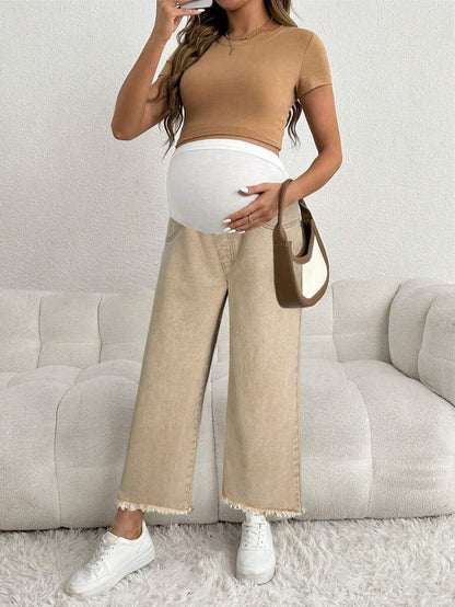 Maternity Denim Pants - Loose Fit, Elastic Waist, Cropped, White
