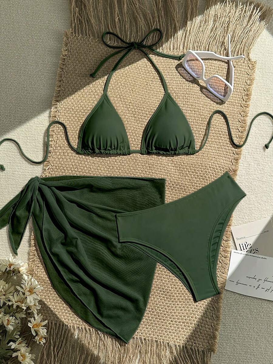 Women's 3-Piece Solid Halter Bikini Set - Knot Detail, Skirt Cover-Up, Triangle Cup, Red