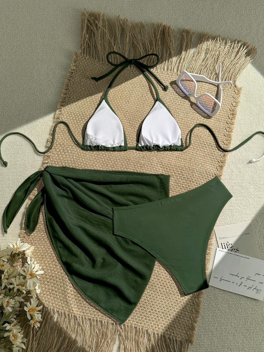 Women's 3-Piece Solid Halter Bikini Set - Knot Detail, Skirt Cover-Up, Triangle Cup, Red